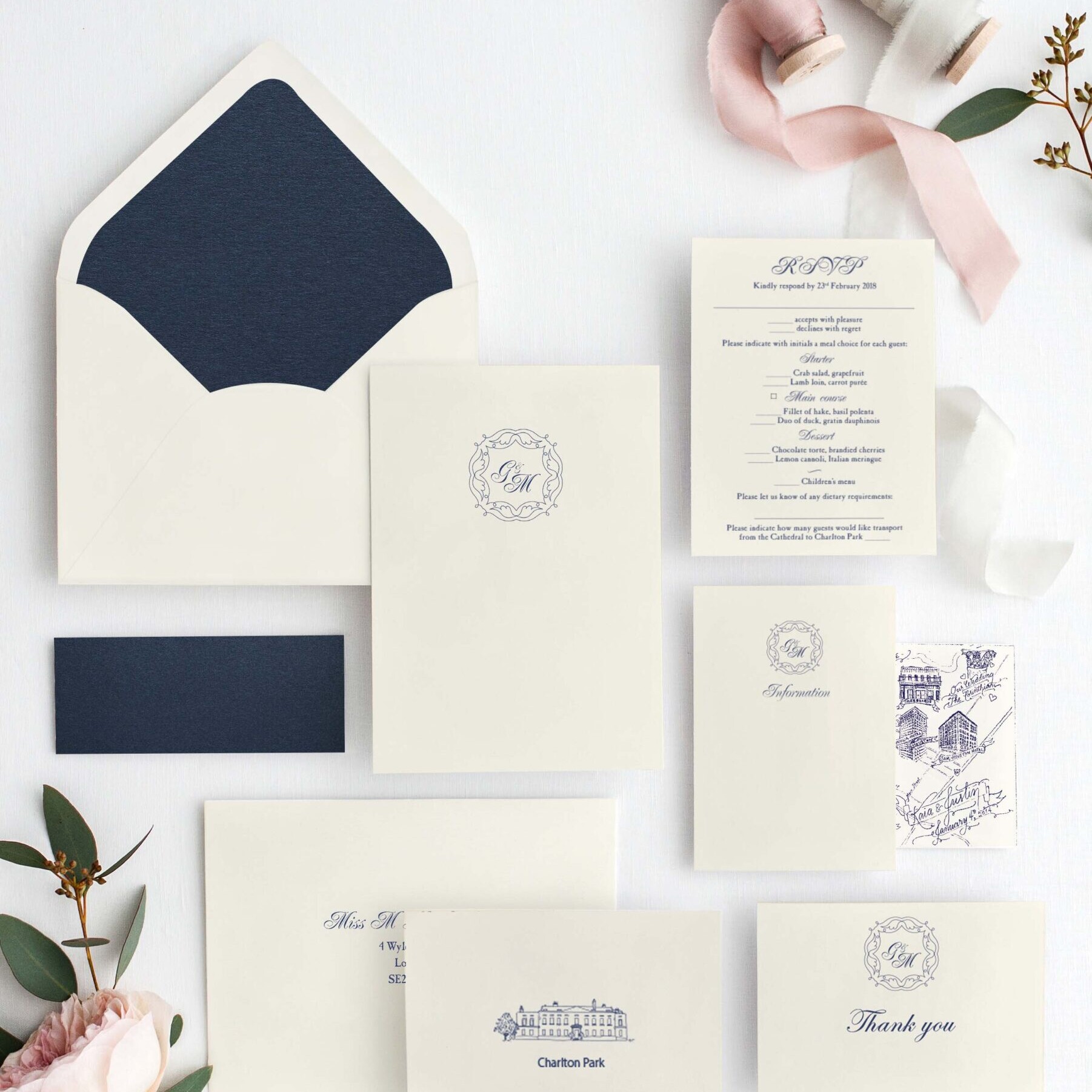 Blue Monogram Pocket Wedding Invitation